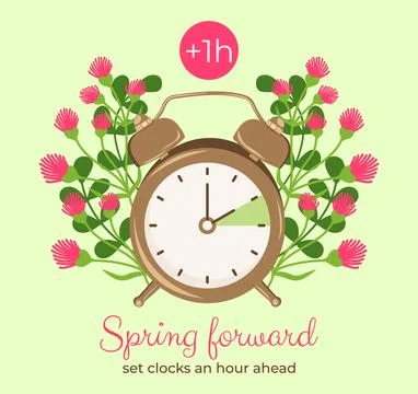 Spring forward poster, set your clocks ahead one hour. Alarm-clock with han.. Stock Illustration