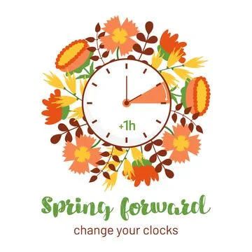 Spring Forward reminder to change clocks. Hand turn to Summertime. Summer tim Stock Illustration