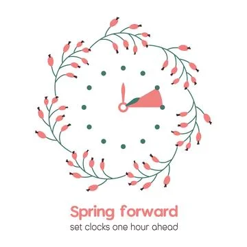 Spring Forward reminder. Vector illustration in flat style with floral fram.. Stock Illustration
