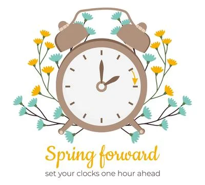 Spring forward, set your clocks ahead one hour. Alarm with hand points forwar Stock Illustration