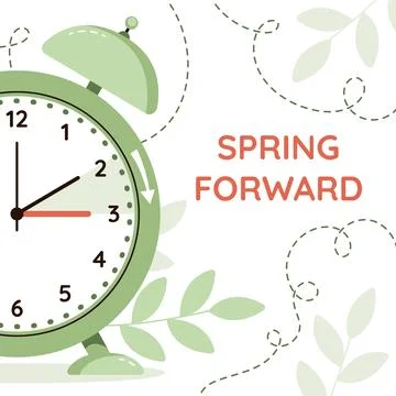 Spring Forward, Summer Time, Daylight saving time. Clock set to an hour ahe.. Stock Illustration