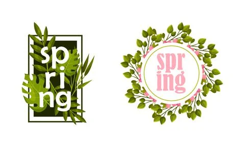 Spring Frame with Green Foliage and Leafy Plant Vector Set Stock-Illustration