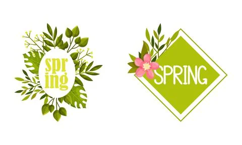 Spring Frame with Green Foliage and Leafy Plant Vector Set 스톡 일러스트