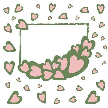 Spring frame green with heart decoration all over the area. Copyspace. Handdrawn Illustrazione stock