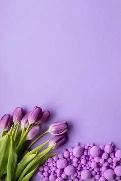 Spring fresh tulips on violet background for mother's day, valentine Stock Photos