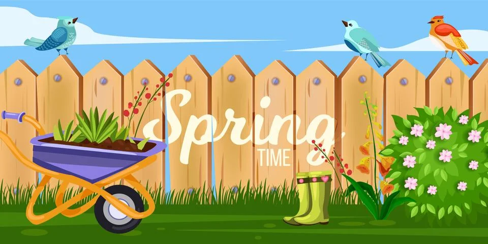 Spring garden backyard vector illustration with wooden fence, wheelbarrow 스톡 일러스트