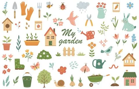 Spring garden clipart set. Cute flat gardening icons collection with flower.. Stock Illustration