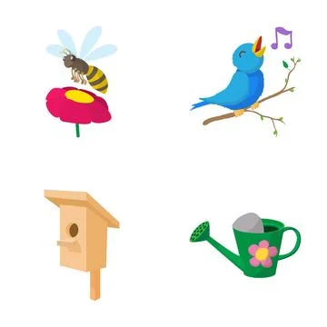 Spring garden elements with singing bird, bee, birdhouse イラスト素材