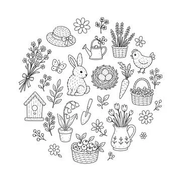 Spring Garden Embroidery Pattern Bunny and Floral Round Hoop Hand Embroidery Illustrazione stock