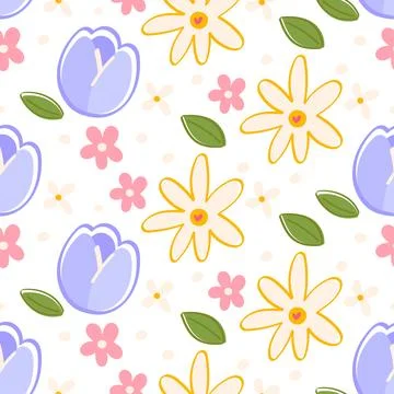 Spring Garden Flowers Seamless Pattern with Tulips and Daisies for Planner .. Stock Illustration