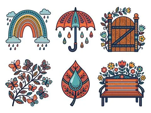 Spring Garden Folk Art Bundle Vector Illustration Stock Illustration