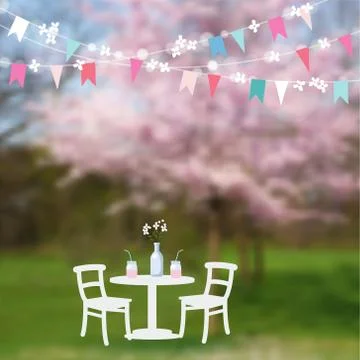 Spring garden party. Table with drinks and paper flags decoration. Modern Stock Illustration