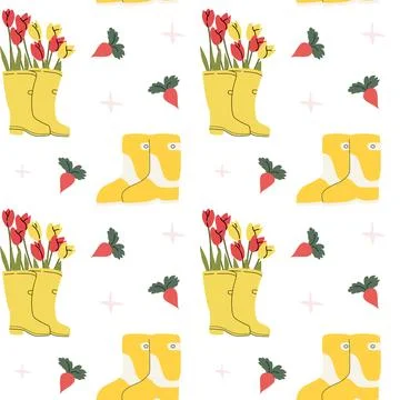 Spring garden pattern with yellow boots and tulips for cottage decor 스톡 일러스트