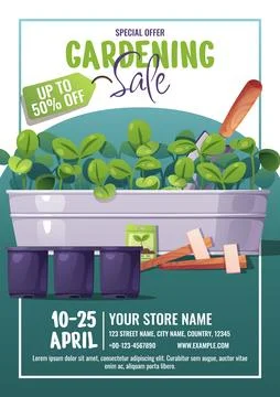 Spring Garden Sale Layout With Sprouting Plants, Seed Packet, Wooden Markers  스톡 일러스트