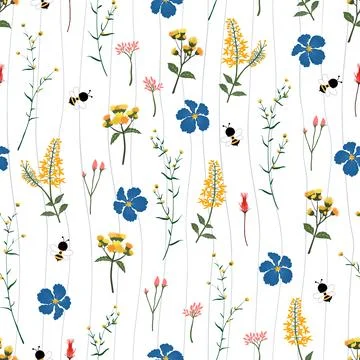 Spring garden seamless pattern with little bees and wildflowers,design for .. Ilustración de archivo