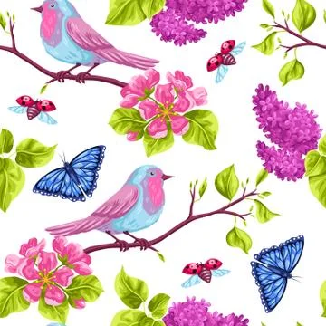 Spring garden seamless pattern. Natural illustration with blossom flower, robin Stock Illustration