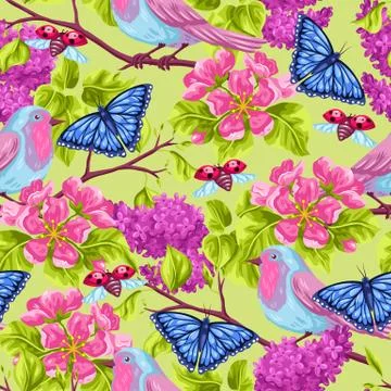 Spring garden seamless pattern. Natural illustration with blossom flower, robin Stock Illustration