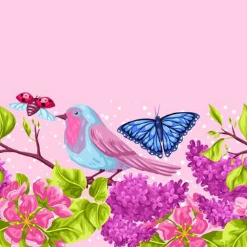 Spring garden seamless pattern. Natural illustration with blossom flower, robin Illustrazione stock