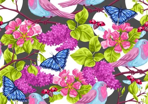 Spring garden seamless pattern. Natural illustration with blossom flower, robin Stock Illustration