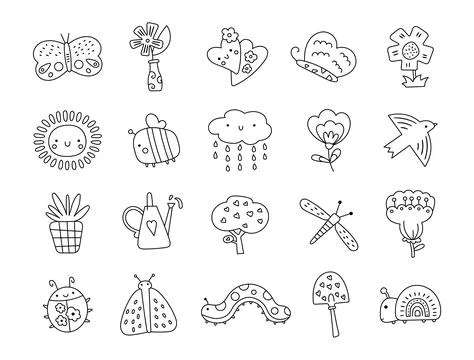 Spring garden set in outline line art Stock Illustration