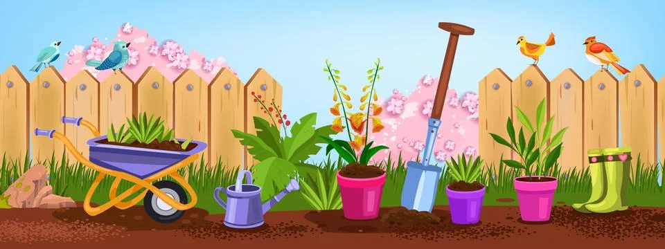 Spring garden, summer backyard vector nature illustration with flower pots 스톡 일러스트
