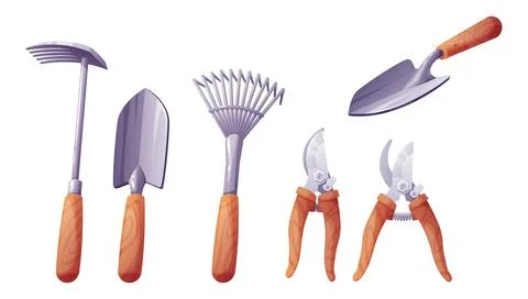 Spring Garden Tool Set with Rake, Trowel and Pruner. Complete Gardening Equip Illustration