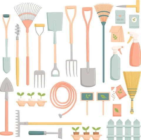 Spring garden tools set, flat design, vector Stock Illustration