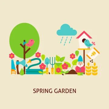Spring Garden Vector Flat Concept Stock Illustration