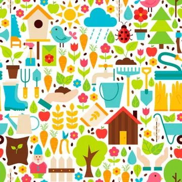 Spring Garden Vector Flat Design White Seamless Pattern 스톡 일러스트