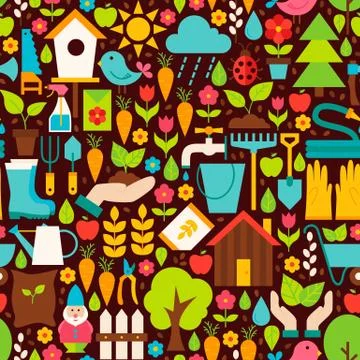 Spring Garden Vector Flat Design Brown Seamless Pattern Stock Illustration