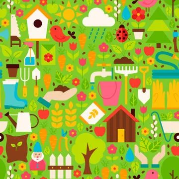 Spring Garden Vector Flat Design Green Seamless Pattern 스톡 일러스트