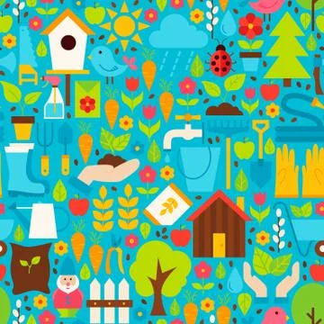 Spring Garden Vector Flat Design Blue Seamless Pattern 스톡 일러스트