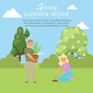 Spring garden work, young couple planting, watering plants, flowers and trees Ilustração Stock