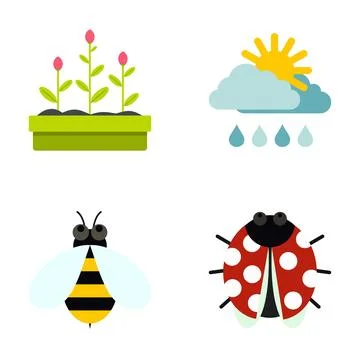 Spring gardening elements with weather and insects on white Illustrazione stock