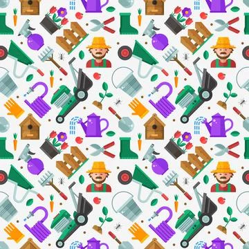Spring Gardening Seamless Pattern in Flat Design Stock Illustration