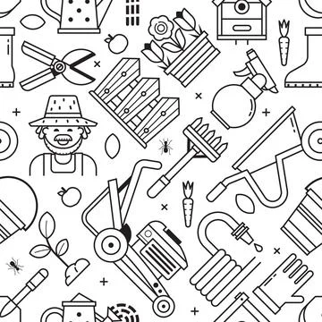 Spring Gardening Seamless Pattern in Line Art Stock Illustration