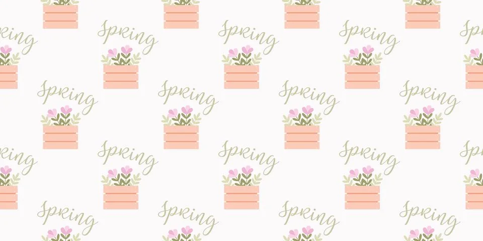 Spring Gardening Seamless Vector Pattern. Flower Bouquet in Wooden Box and Ha Illustrazione stock