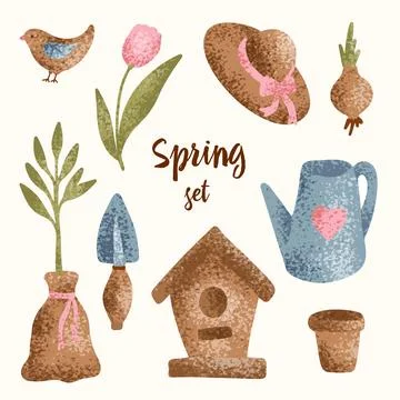 Spring gardening textured elements set isolated in flat design vector. Stockillustratie