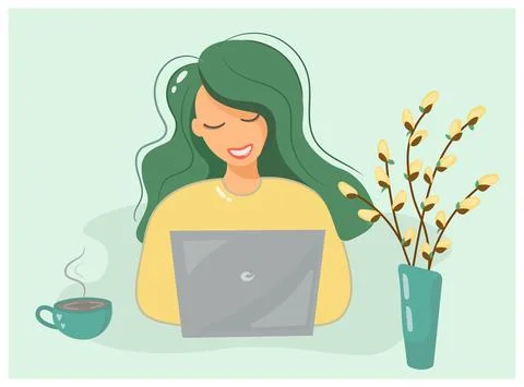 In the spring, the girl is actively working and studying at the computer. Fre Stock Illustration