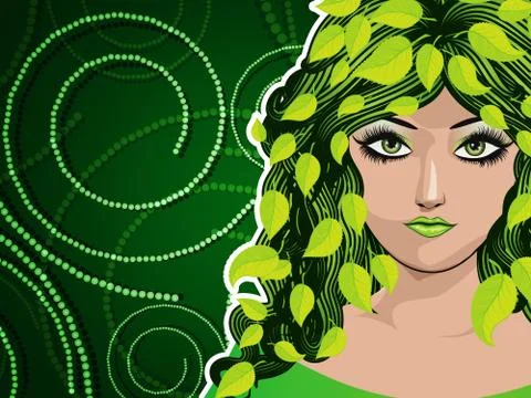 Spring girl with green leaves Ilustração Stock
