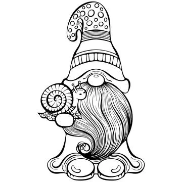 Spring gnome with snail line art Stock Illustration