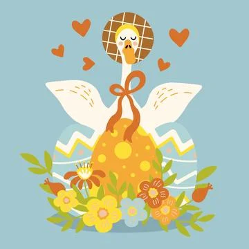 Spring goose in a hat with easter eggs Illustrazione stock