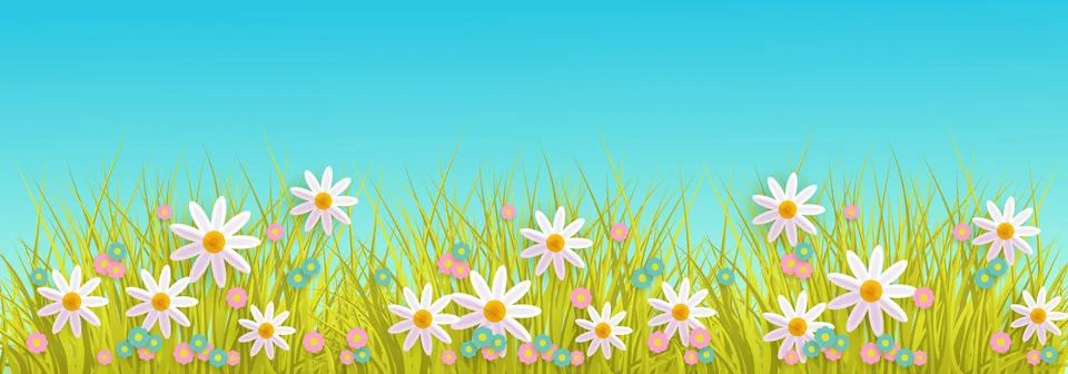 Spring grass and flowers border on blue sky background with copy space. Illustrazione stock