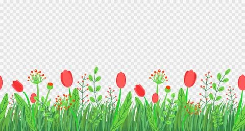Spring grass seamless border vector with flowers. Floral wildflower springtime Illustrazione stock