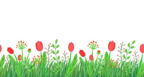 Spring grass seamless border vector with flowers for easter templates. Floral Stock Illustration