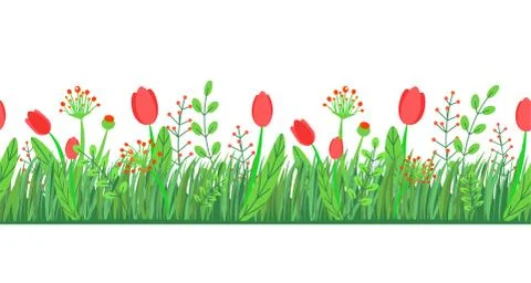 Spring grass seamless border vector with flowers. Floral wildflower springtime 스톡 일러스트