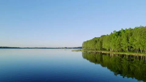The spring green forest reflects in the blue tranquille water surface, forest on Stock Footage 154556062