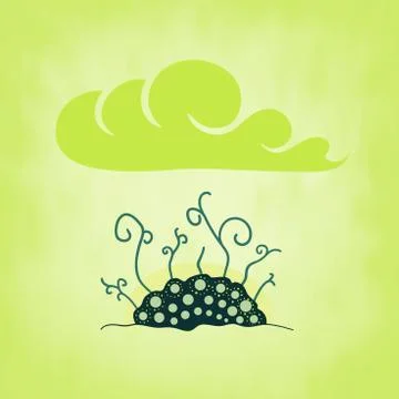 Spring, green sprouts in soil under sky sunrise Illustrazione stock