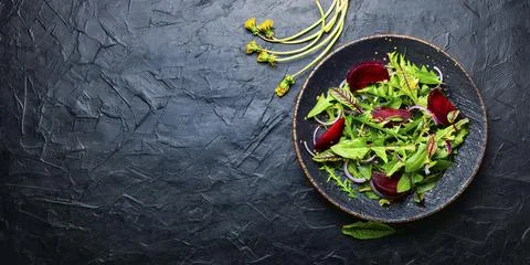 Spring greens and beetroot salad,space for text Stock Photos