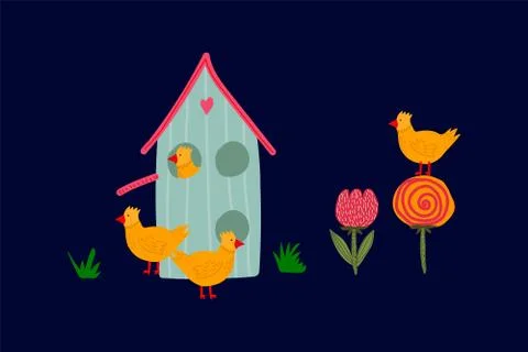 Spring greeting card with Easter chickens and a cute house. Concept of a festive Stock Illustration